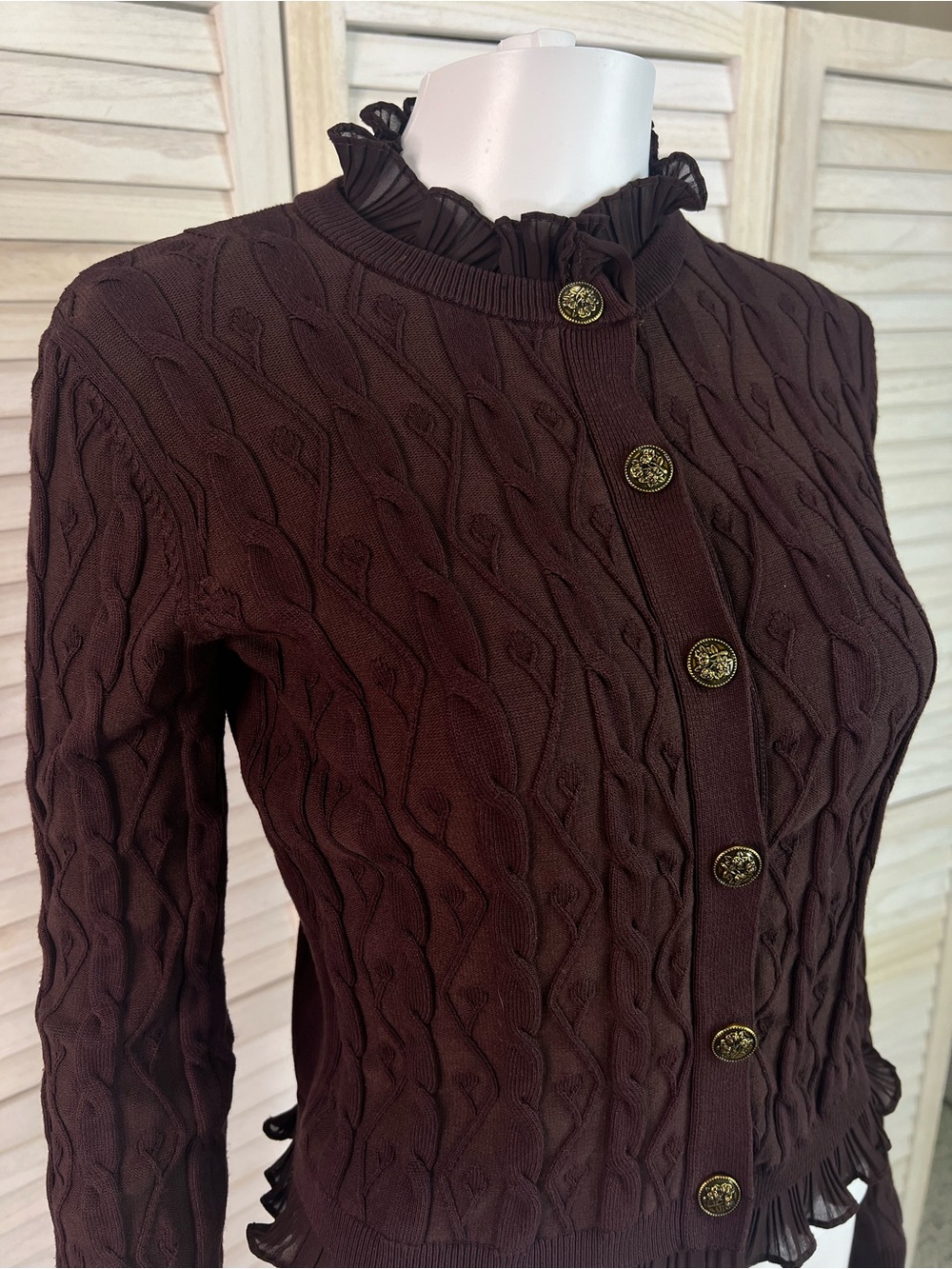 Disturbia Women's Cable Knit Cardigan Burgundy Ashen Vine Ruffle Slim Fit Size M - Picture 8 of 15